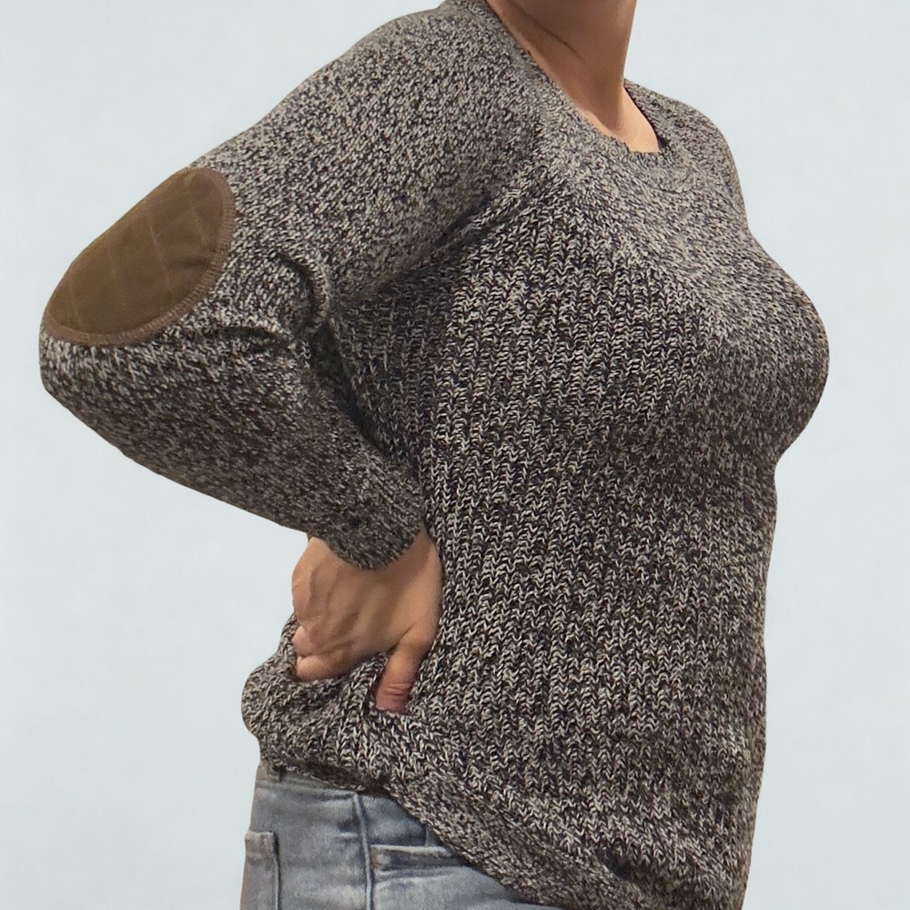 RD Style Womens Marled Knit Sweater Elbow Patches Black White 70S1247SF Medium